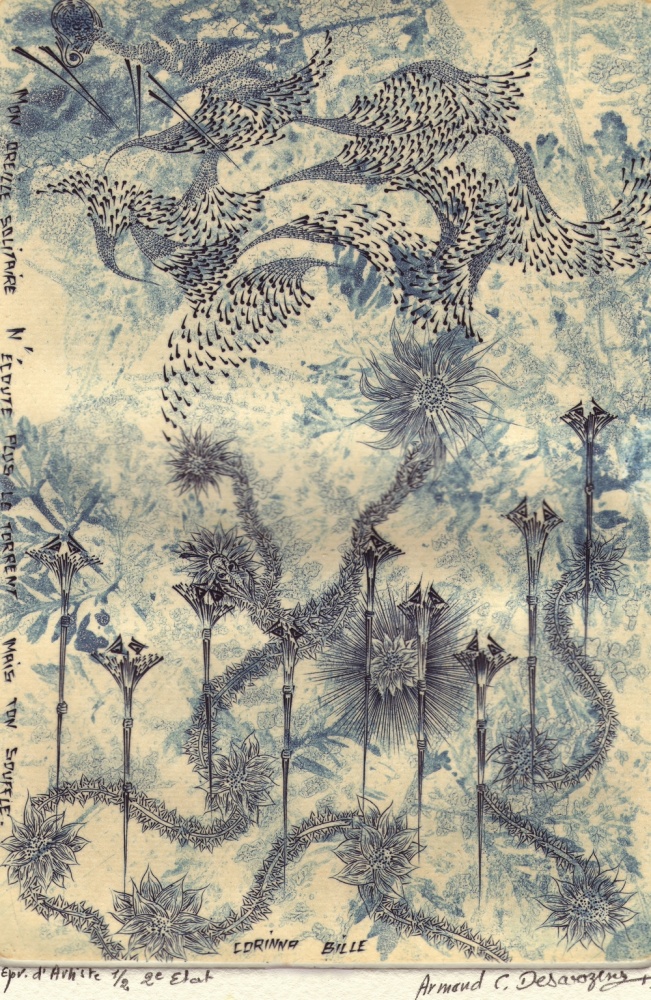 Armand C. Desarzens, Corinna Bille (2), 2012, gravure, 16 X 11 cm.  Second état d'impression de la gravure parue dans le cippe hors série. Plaque retravaillée au burin, 2 couleurs sur japon encollé sur Fabriano. Le poème de Corinna Bille est tiré du recueil Un goût de rocher (Empreintes, 1997 p. 61 [Eliane Vernay, 1980]):« Mon oreille solitaire / N’écoute plus le torrent / Mais ton souffle. »© Collection particulière.