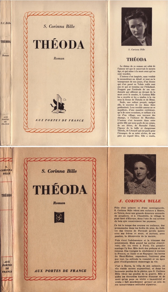 Théoda, sous sa double couverture originale, soit celle des Portes de France, dans l’édition suisse (Porrentruy) de 1944 (en haut), et celle de l’édition française (Paris) de 1946 (en bas).