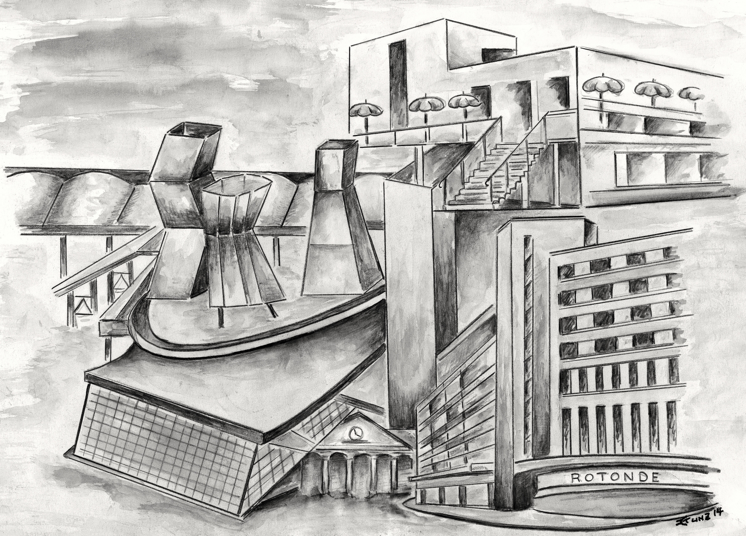 Jean-Claude Kunz, Bienne, du passé au futur, 2014, crayon sur papier, 25 cm x 35 cm.  Ce dessin mêle, de gauche à droite, des monuments emblématiques de la Ville de l’Avenir, soit: Expo.02, Palais des Congrès, Gare principale, Plage de Bienne et Maison du Peuple. © Collection particulière.